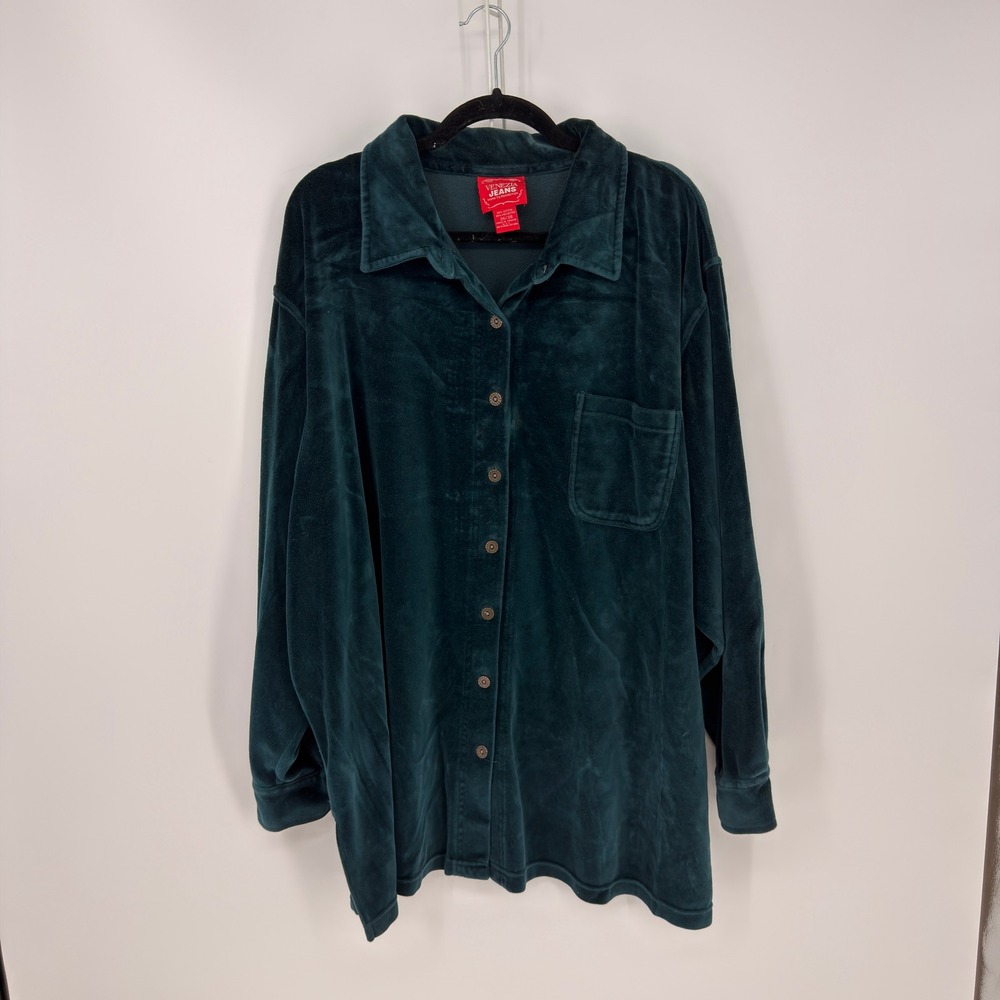 Venezia Jeans Shirt Womens 26/28 Green Velour Long Sleeve Button Up Y2K Retro